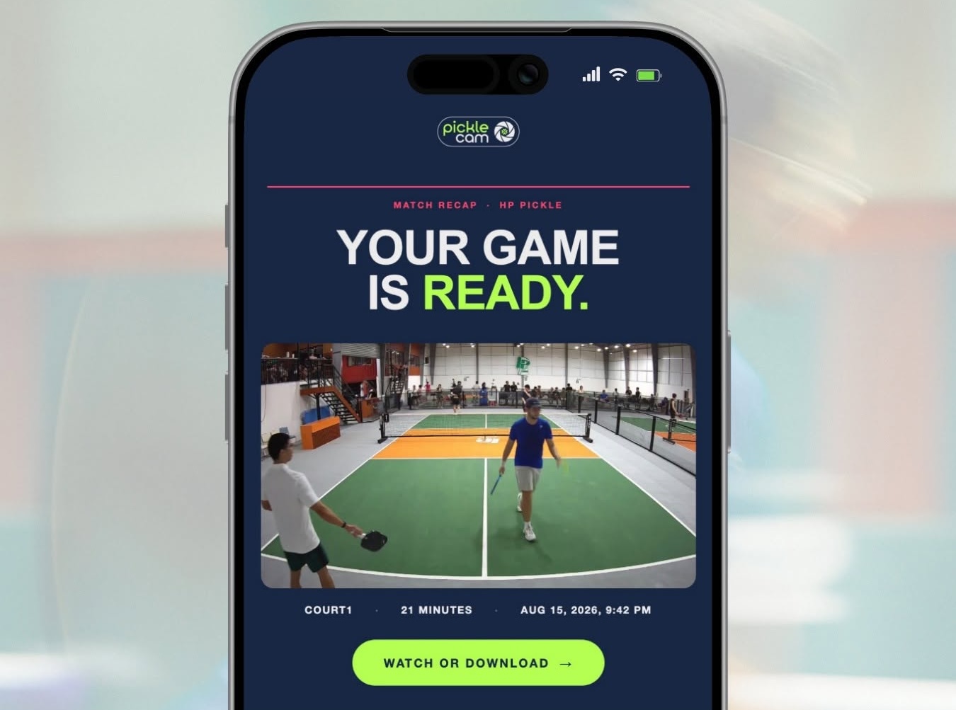 Pickle Cam match recap on a phone — watch or download your footage